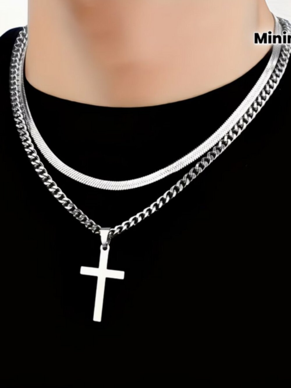 Two Chain Combo, One Chain with a Cross Pendant and an Additional Snake Chain